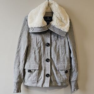 American Eagle Outfitters Medium Gray and White Fleece Hooded Snap Up Coat
